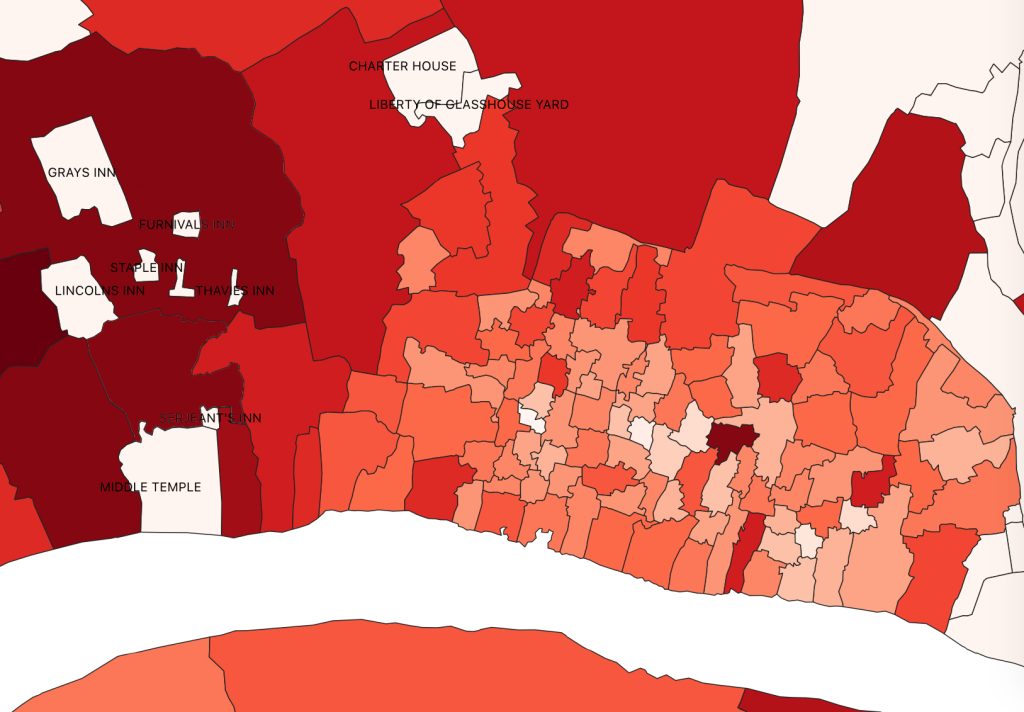 A map of London parishes showing several extra-parochial places in white