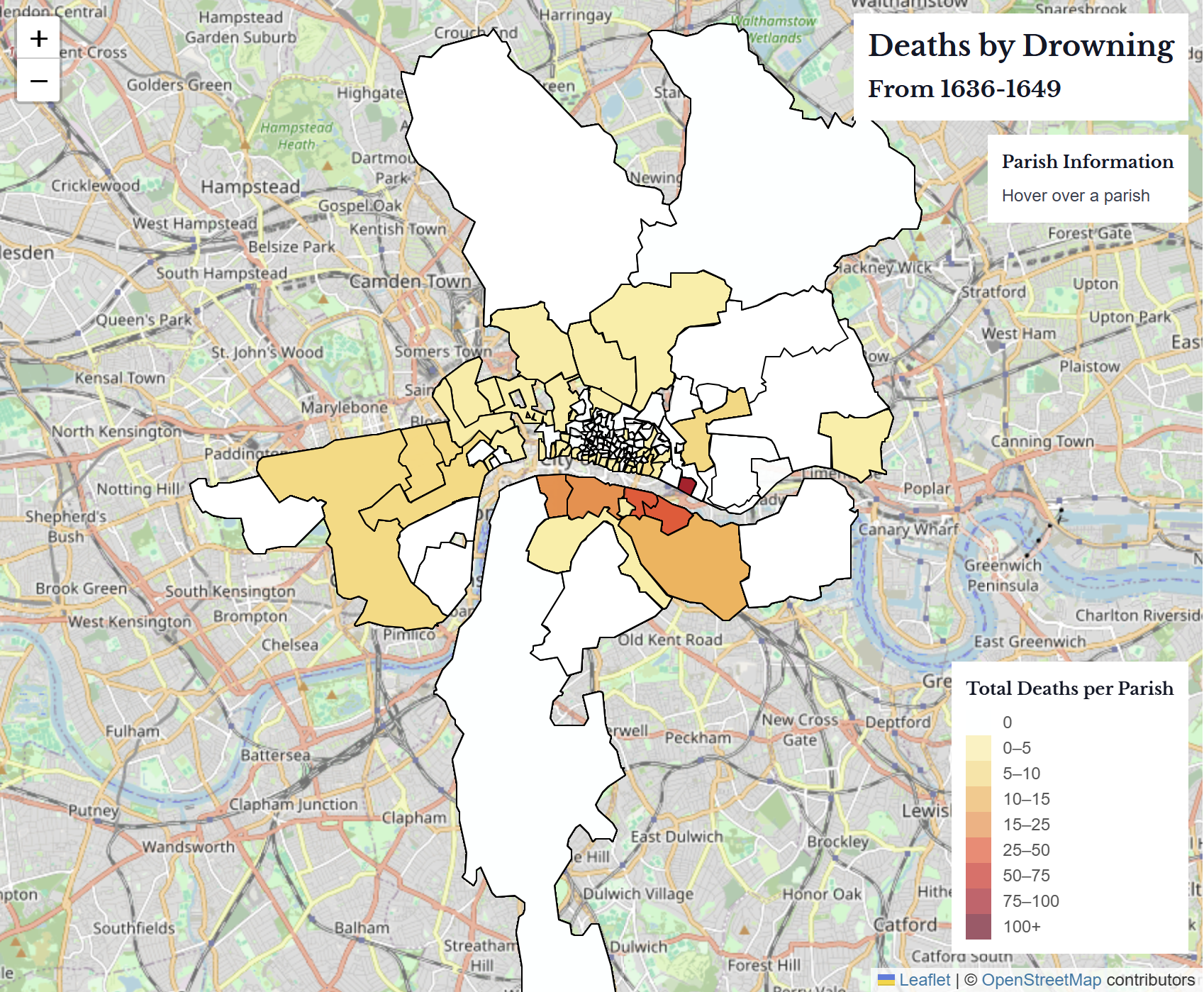 A screenshot of a choropleth map of London parishes.